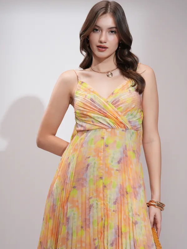 Tokyo Talkies Women Yellow Printed Fit and Flare Dress