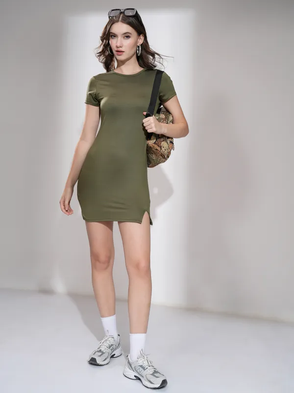 Tokyo Talkies Women Olive Solid Bodycon Dress