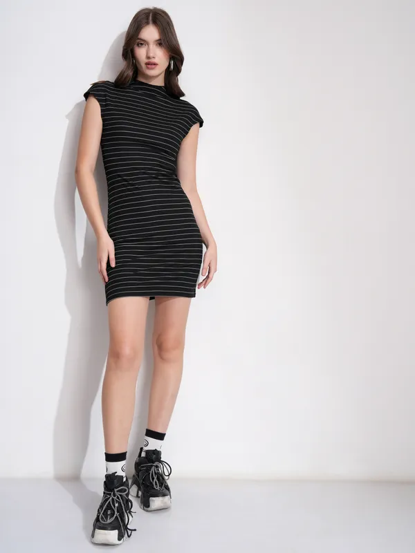 Tokyo Talkies Women Black Striped Bodycon Dress
