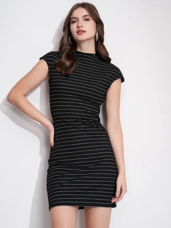 Tokyo Talkies Women Black Striped Bodycon Dress