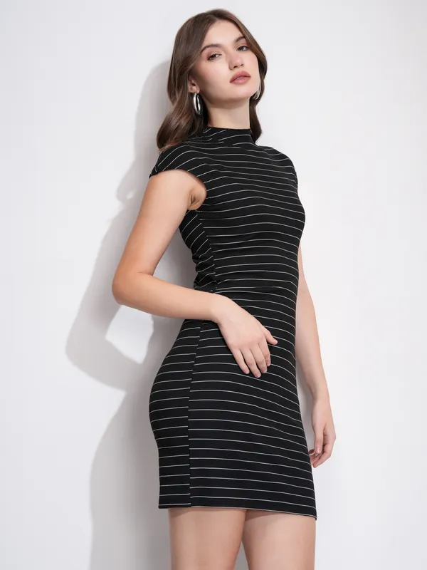 Tokyo Talkies Women Black Striped Bodycon Dress