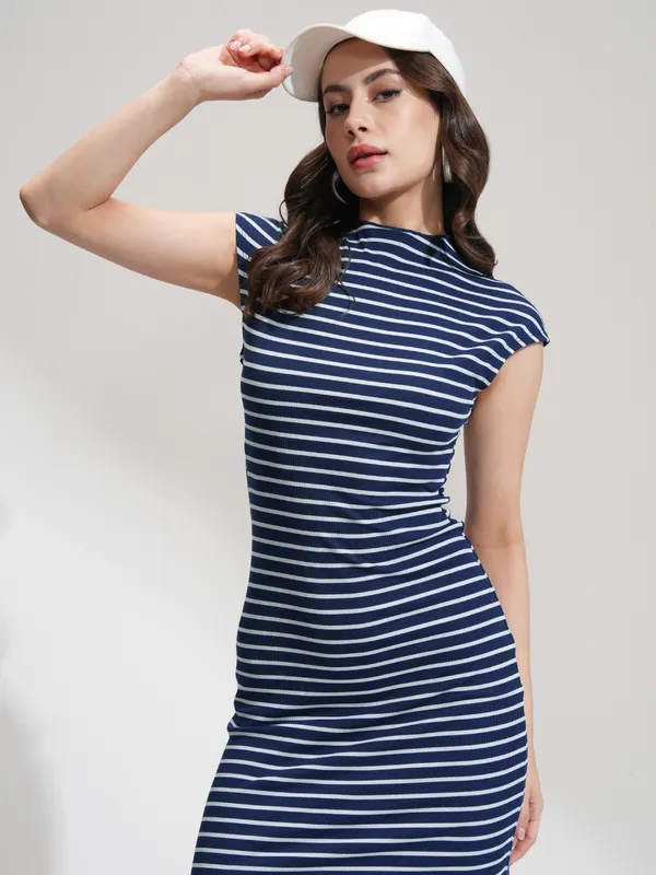 Tokyo Talkies Women Navy Blue Striped Bodycon Dress