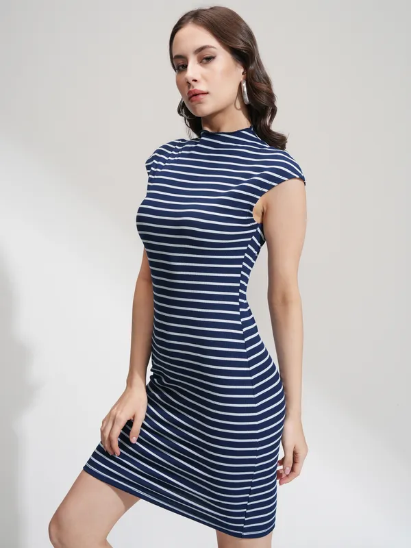 Tokyo Talkies Women Navy Blue Striped Bodycon Dress