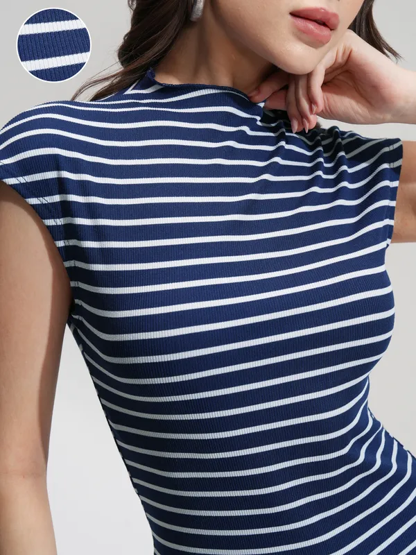 Tokyo Talkies Women Navy Blue Striped Bodycon Dress