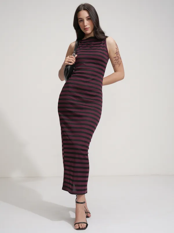 Tokyo Talkies Women Purple Striped Maxi Dress