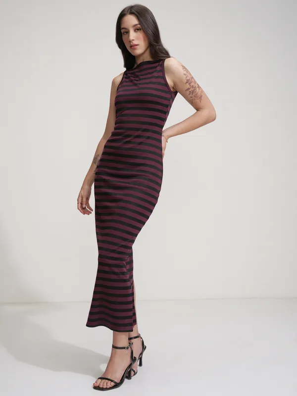 Tokyo Talkies Women Purple Striped Maxi Dress