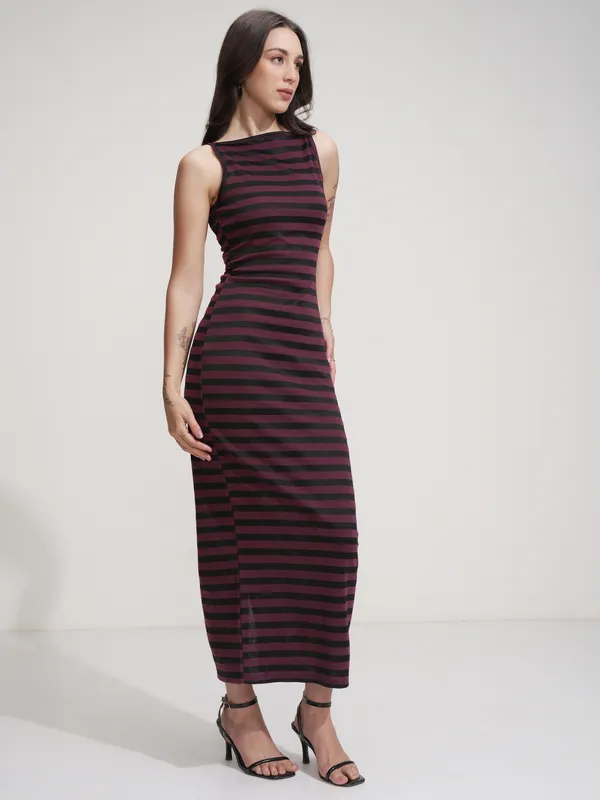 Tokyo Talkies Women Purple Striped Maxi Dress