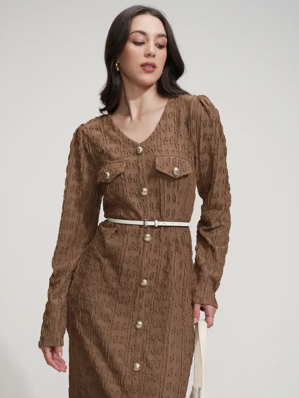 Tokyo Talkies Women Brown Self Design Maxi Dress