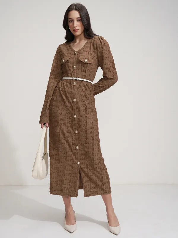 Tokyo Talkies Women Brown Self Design Maxi Dress
