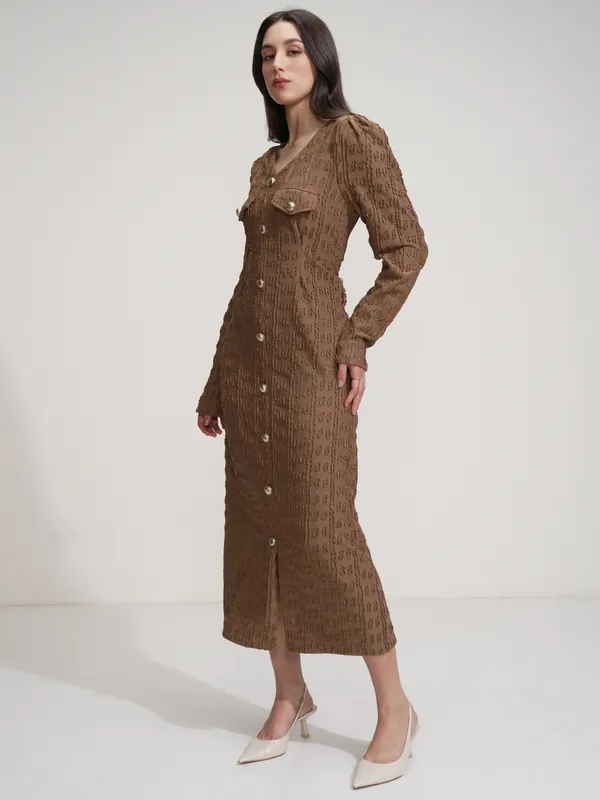 Tokyo Talkies Women Brown Self Design Maxi Dress