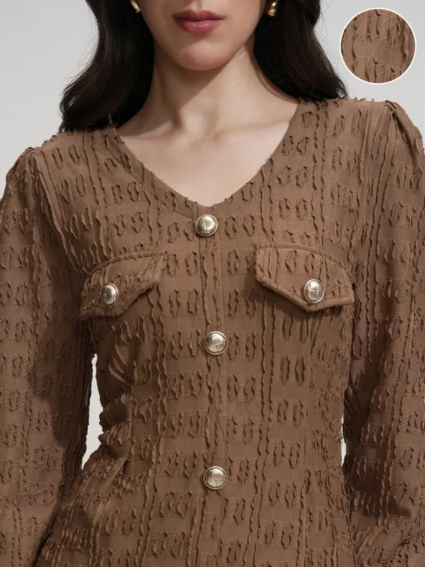 Tokyo Talkies Women Brown Self Design Maxi Dress