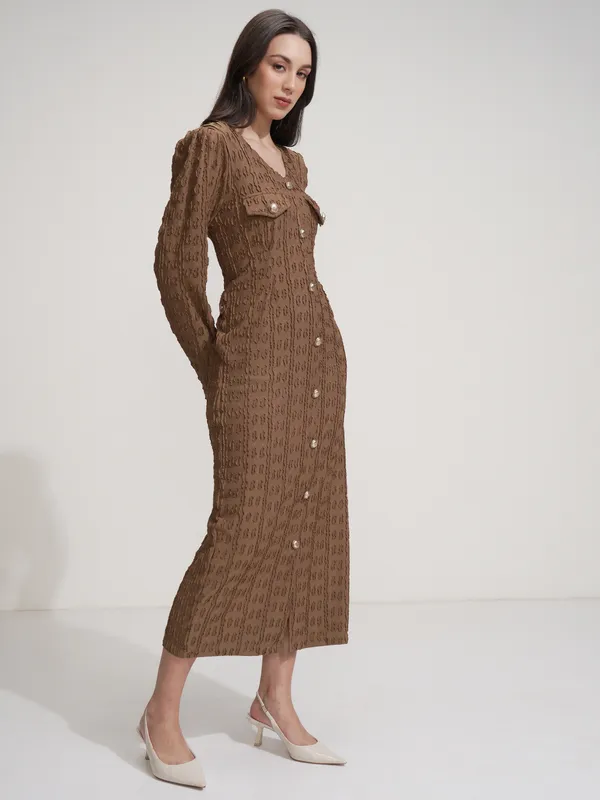 Tokyo Talkies Women Brown Self Design Maxi Dress