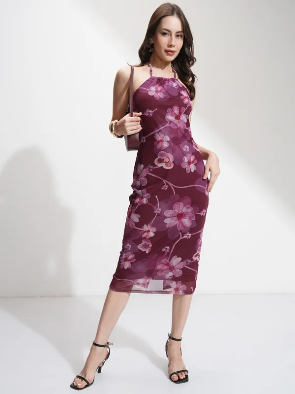 Tokyo Talkies Women Burgundy Printed Bodycon Dress