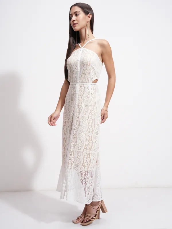 Tokyo Talkies Women White Self Design Maxi Dress