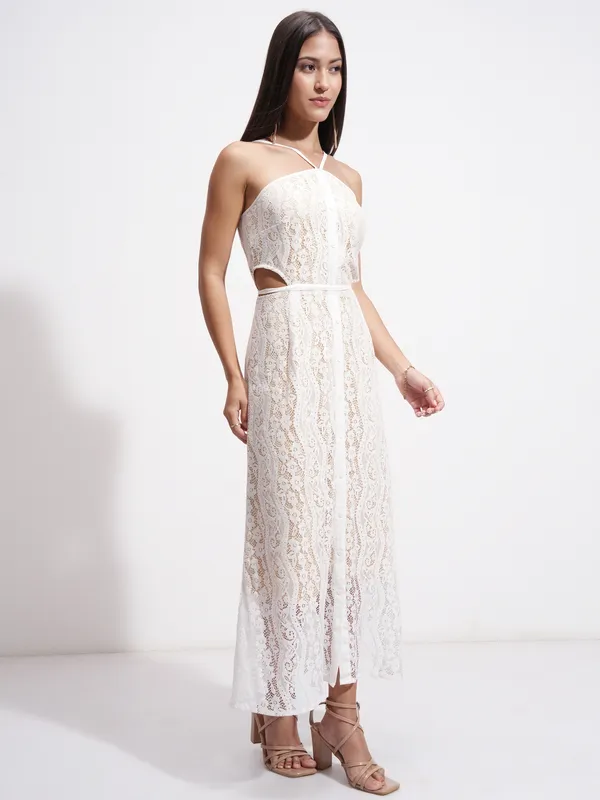 Tokyo Talkies Women White Self Design Maxi Dress