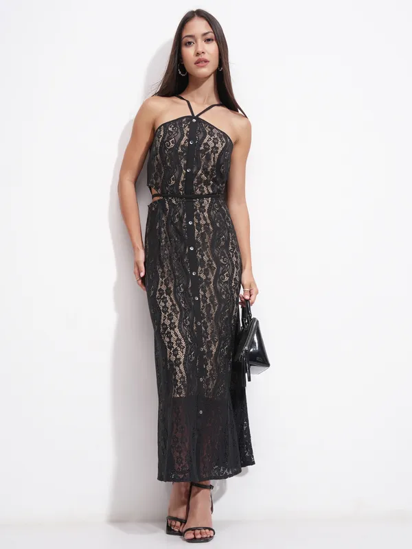 Tokyo Talkies Women Black Self Design Maxi Dress