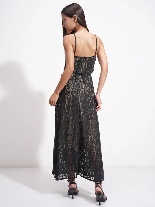 Tokyo Talkies Women Black Self Design Maxi Dress