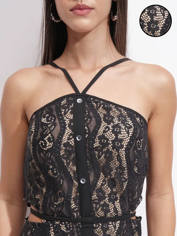 Tokyo Talkies Women Black Self Design Maxi Dress