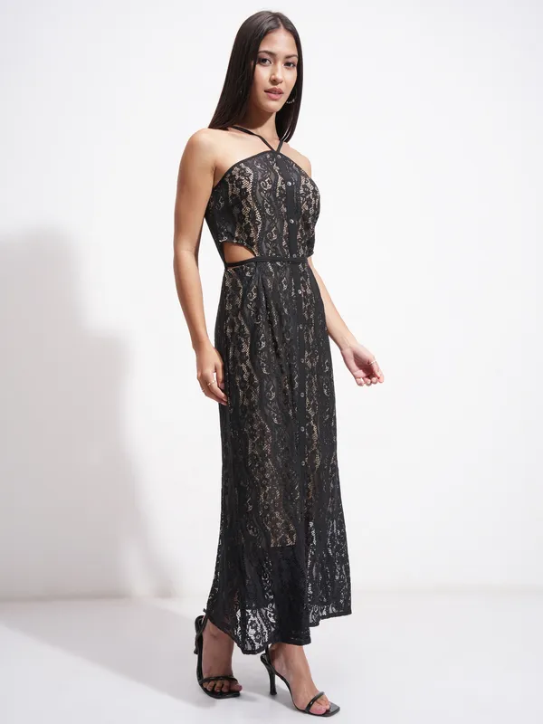 Tokyo Talkies Women Black Self Design Maxi Dress