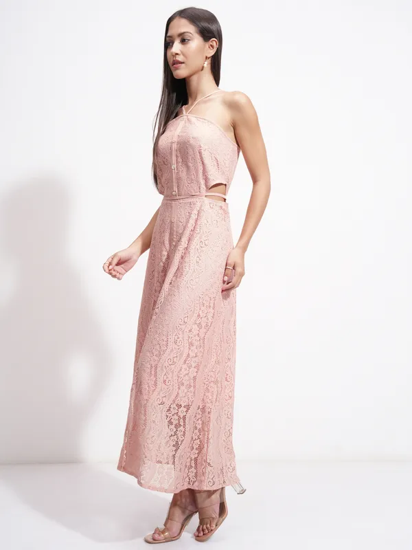 Tokyo Talkies Women Pink Self Design Maxi Dress