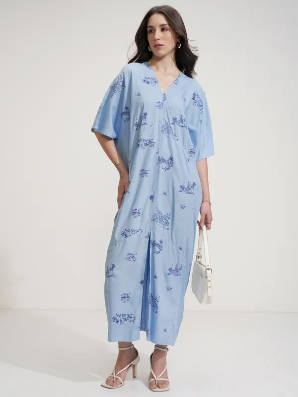 Tokyo Talkies Women Blue Embroidered Maxi Dress