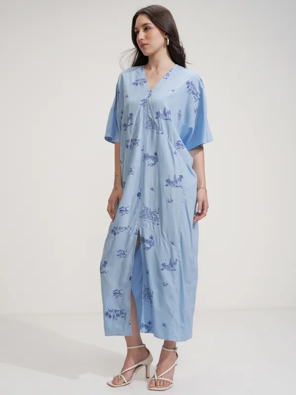 Tokyo Talkies Women Blue Embroidered Maxi Dress