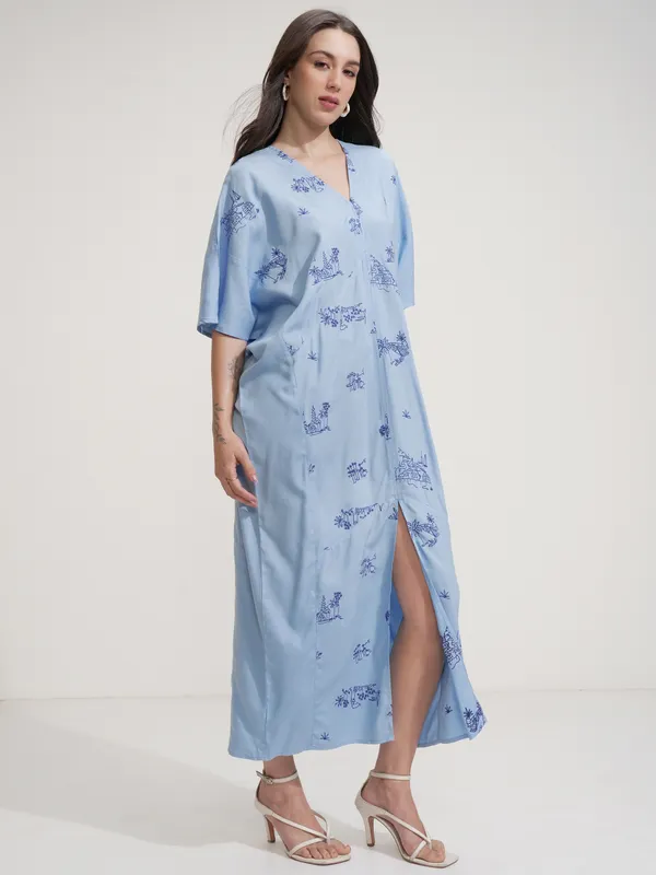 Tokyo Talkies Women Blue Embroidered Maxi Dress