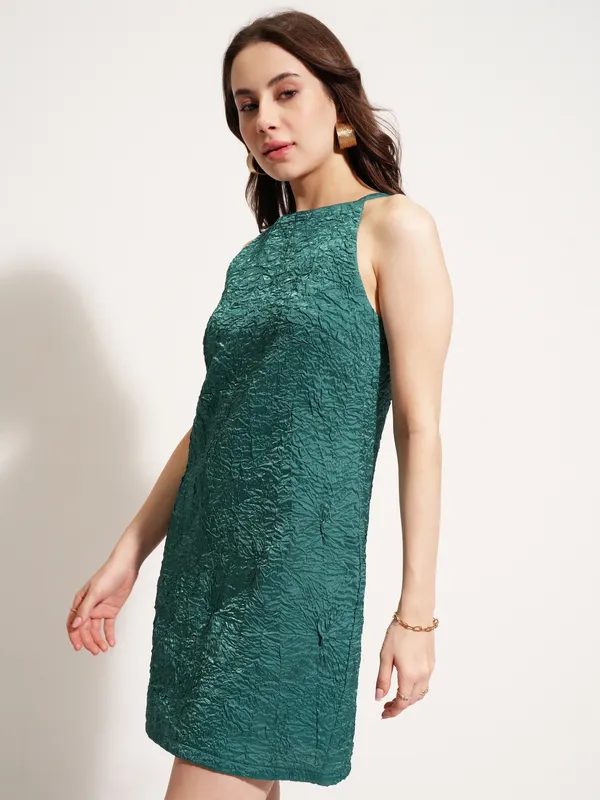 Tokyo Talkies Women Teal Self Design A-Line Dress