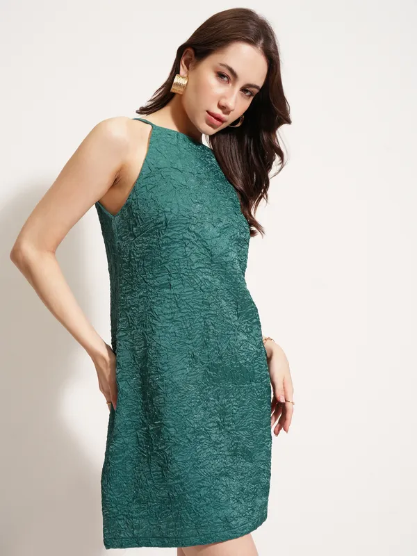 Tokyo Talkies Women Teal Self Design A-Line Dress