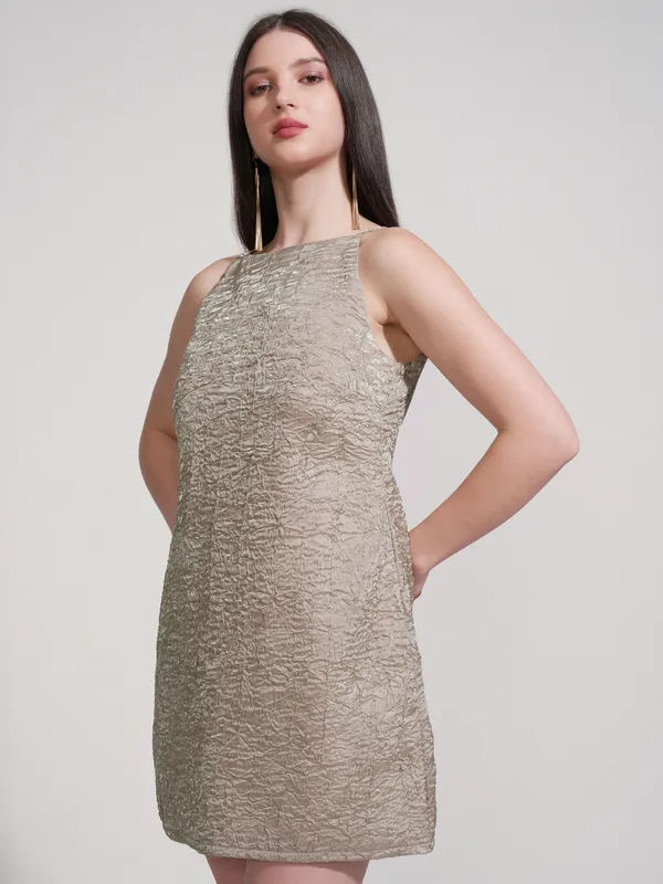 Tokyo Talkies Women Tan Self Design Fit And Flare Dress