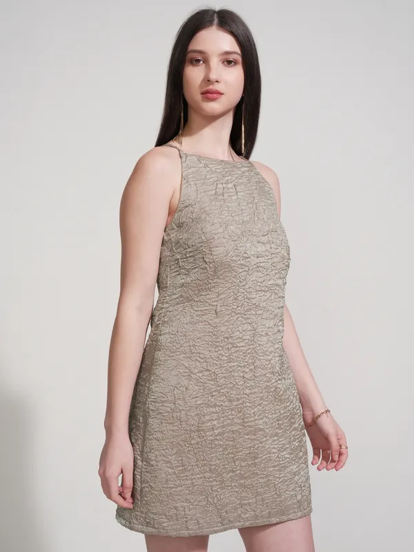 Tokyo Talkies Women Tan Self Design Fit And Flare Dress