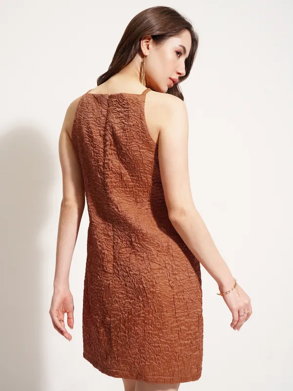 Tokyo Talkies Women Brown Self Design A-Line Dress