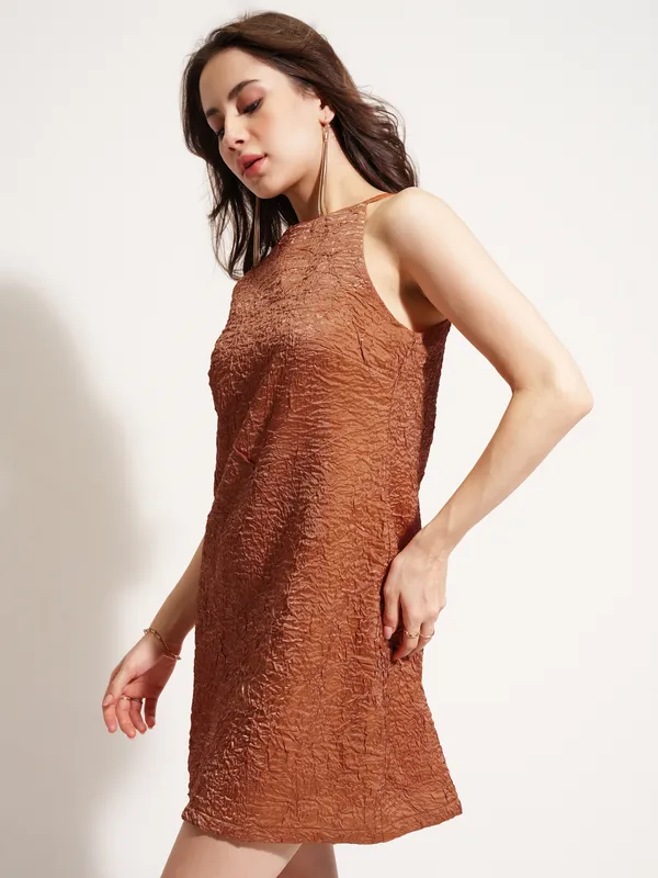 Tokyo Talkies Women Brown Self Design A-Line Dress