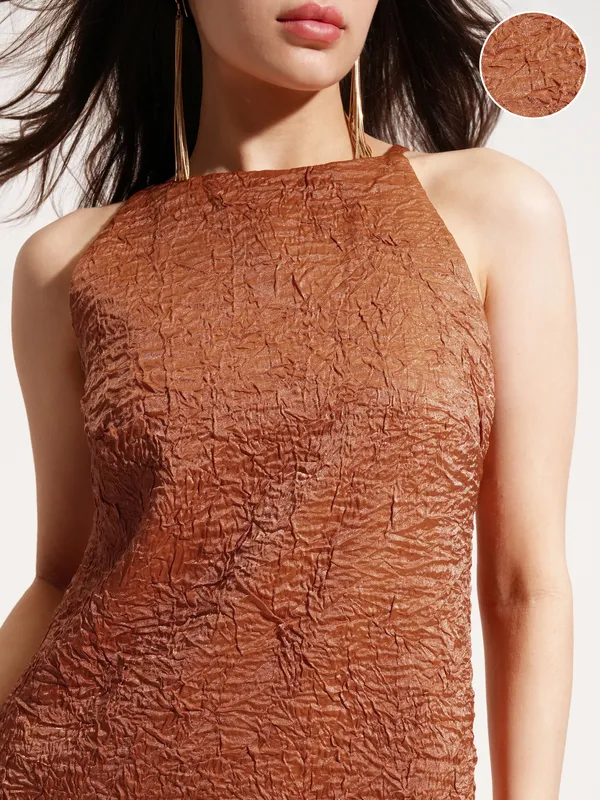 Tokyo Talkies Women Brown Self Design A-Line Dress