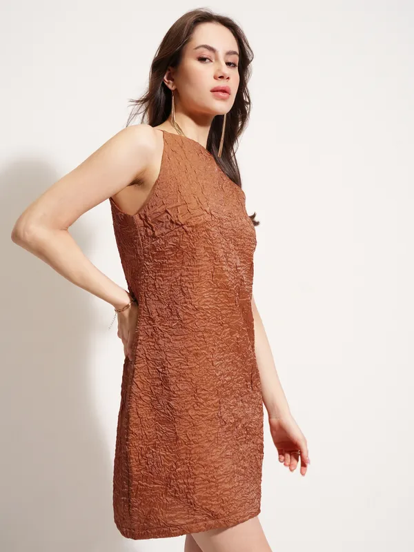 Tokyo Talkies Women Brown Self Design A-Line Dress