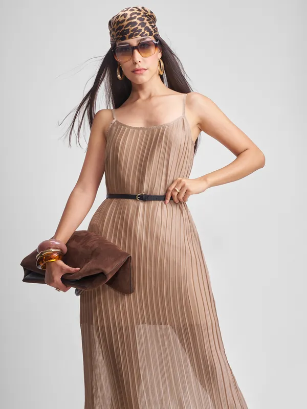 Tokyo Talkies Women Khaki Solid Maxi Dress