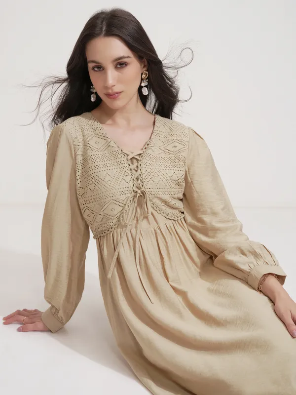 ESPYR By Tokyo Talkies Women Beige Self Design Fit and Flare Dress