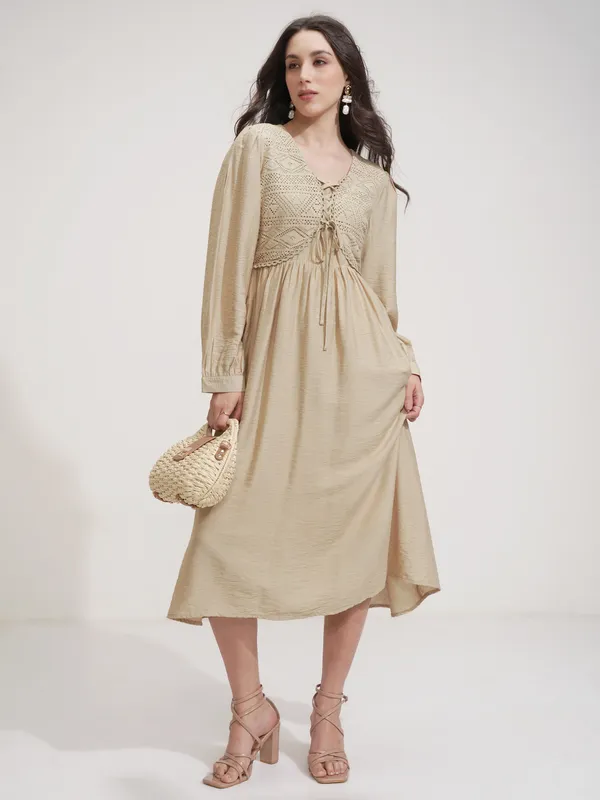 ESPYR By Tokyo Talkies Women Beige Self Design Fit and Flare Dress