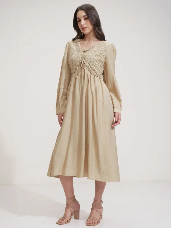 ESPYR By Tokyo Talkies Women Beige Self Design Fit and Flare Dress