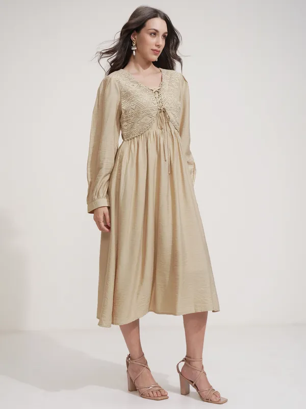 ESPYR By Tokyo Talkies Women Beige Self Design Fit and Flare Dress