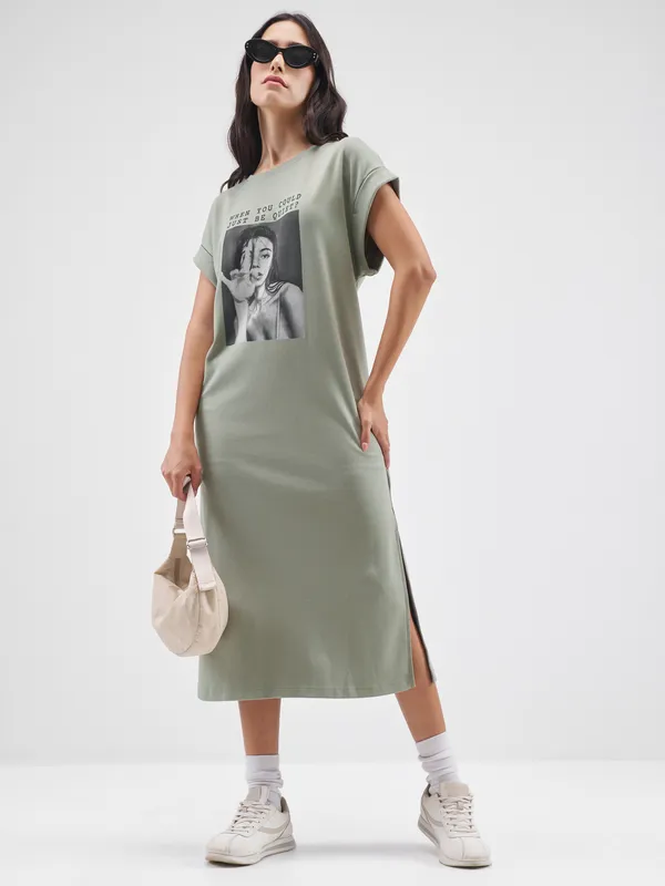 Tokyo Talkies Women Olive Printed T-shirt Dress