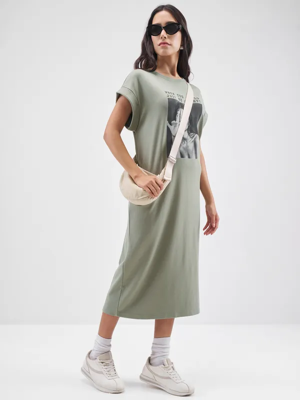 Tokyo Talkies Women Olive Printed T-shirt Dress