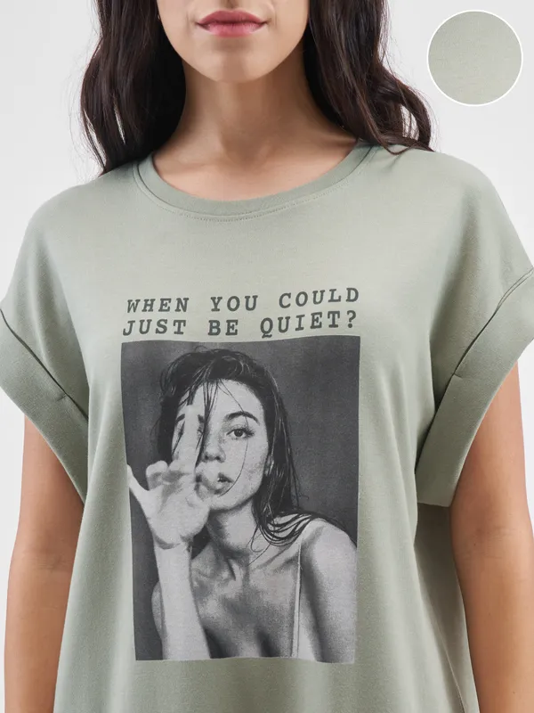 Tokyo Talkies Women Olive Printed T-shirt Dress