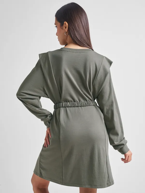 Tokyo Talkies Women Olive Solid Fit and Flare Dress