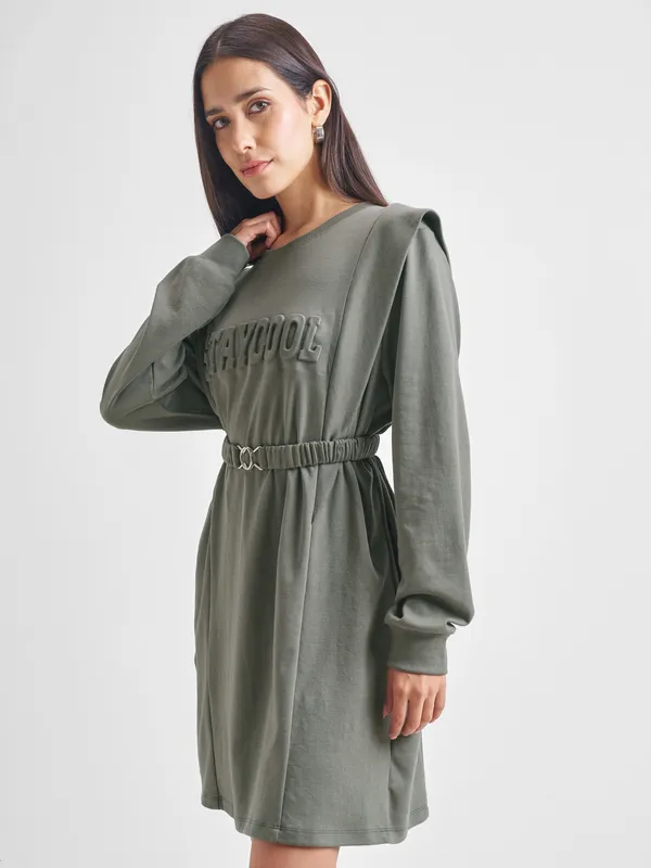 Tokyo Talkies Women Olive Solid Fit and Flare Dress