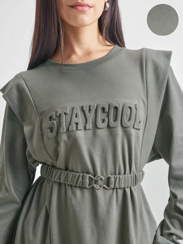 Tokyo Talkies Women Olive Solid Fit and Flare Dress