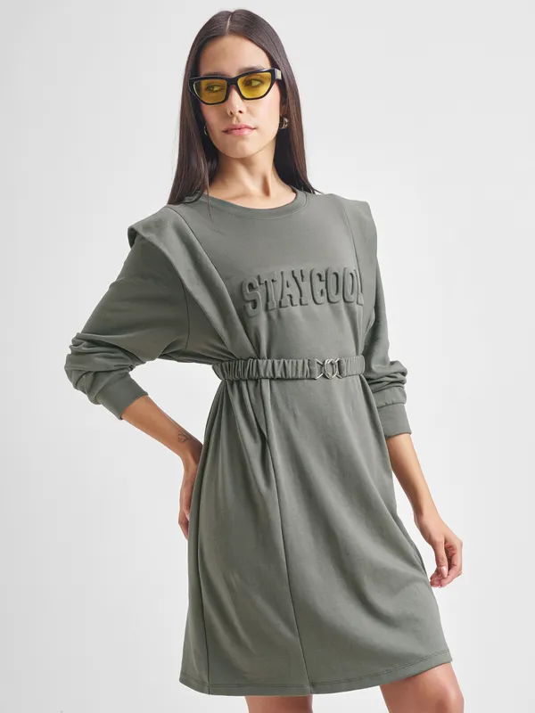 Tokyo Talkies Women Olive Solid Fit and Flare Dress