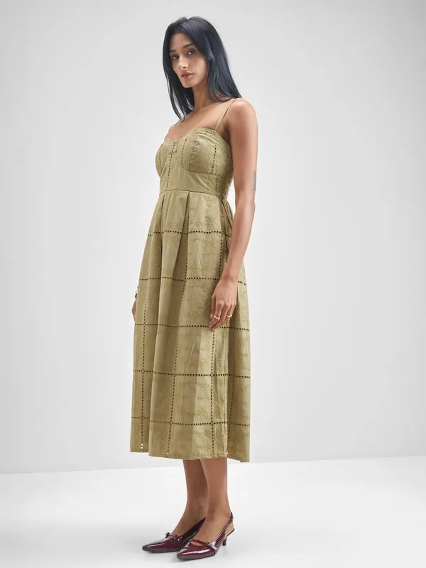 ESPYR By Tokyo Talkies Women Khaki Embroidered Fit and Flare Dress