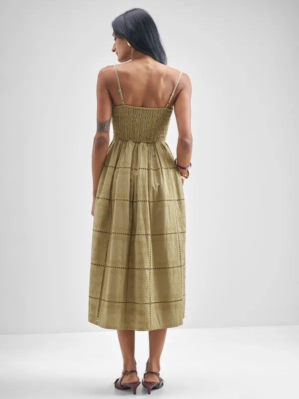 ESPYR By Tokyo Talkies Women Khaki Embroidered Fit and Flare Dress