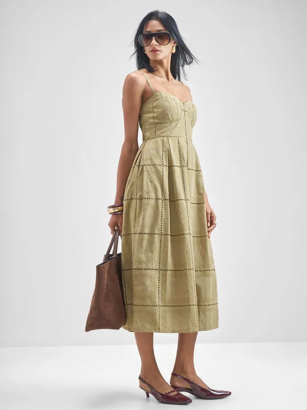 ESPYR By Tokyo Talkies Women Khaki Embroidered Fit and Flare Dress